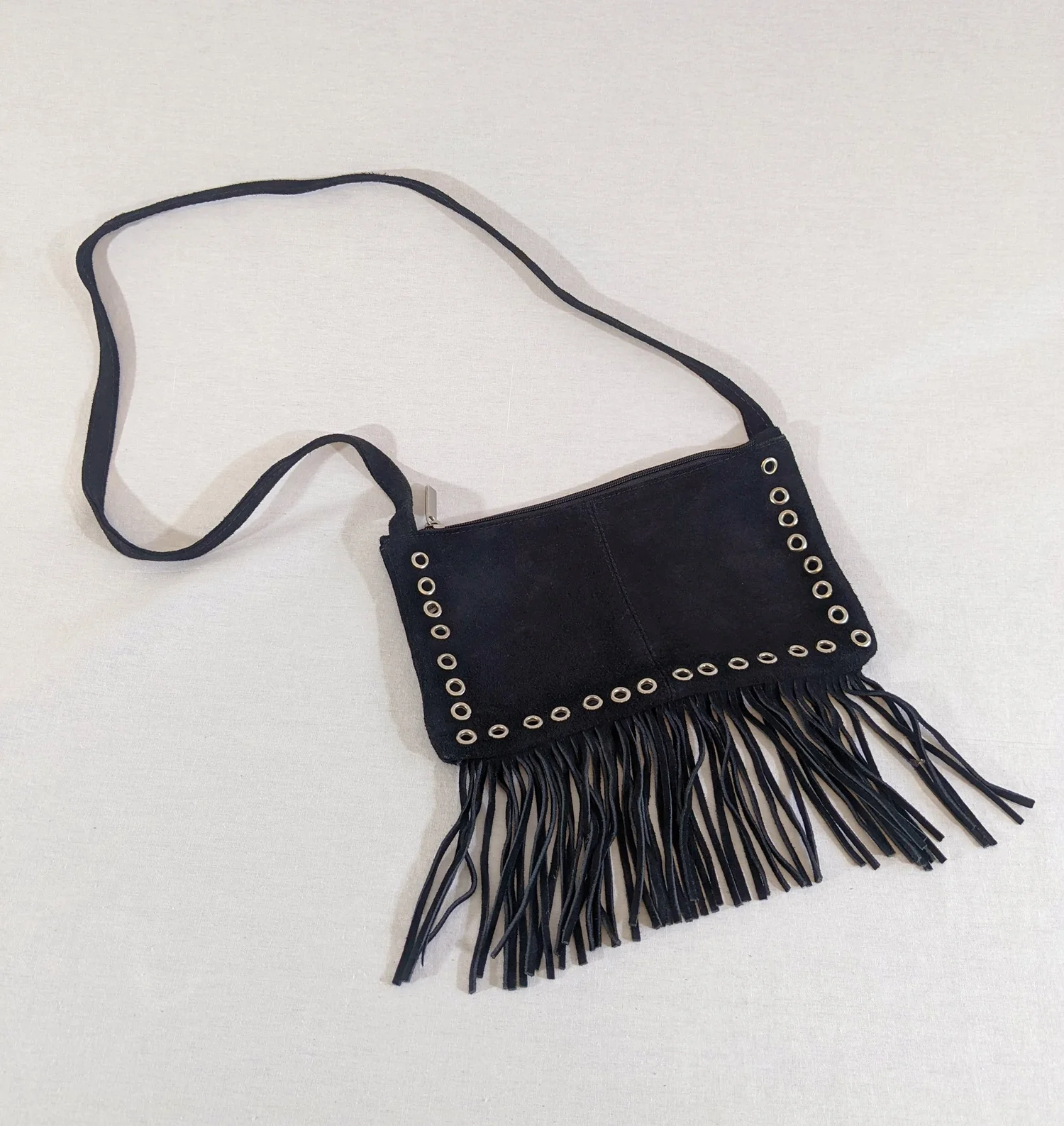 Black Suede Fringe Crossbody Purse with Grommets Boho Biker
