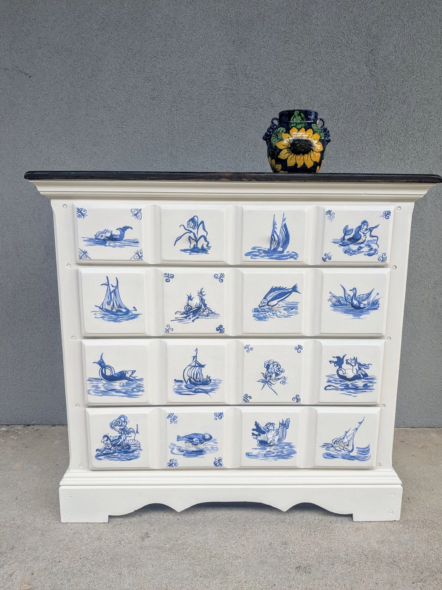 Delft Tile Inspired Hand-Painted 4 Drawer Dresser with Rustic Stained Wood  Top, White and Blue  Silk & Sage Design Studio