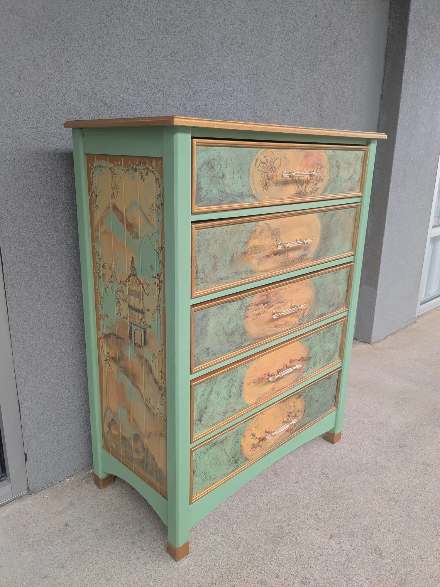 Chinoiserie Hand-Painted 'Celadon' 5 Drawer Dresser  Silk & Sage Design  Studio