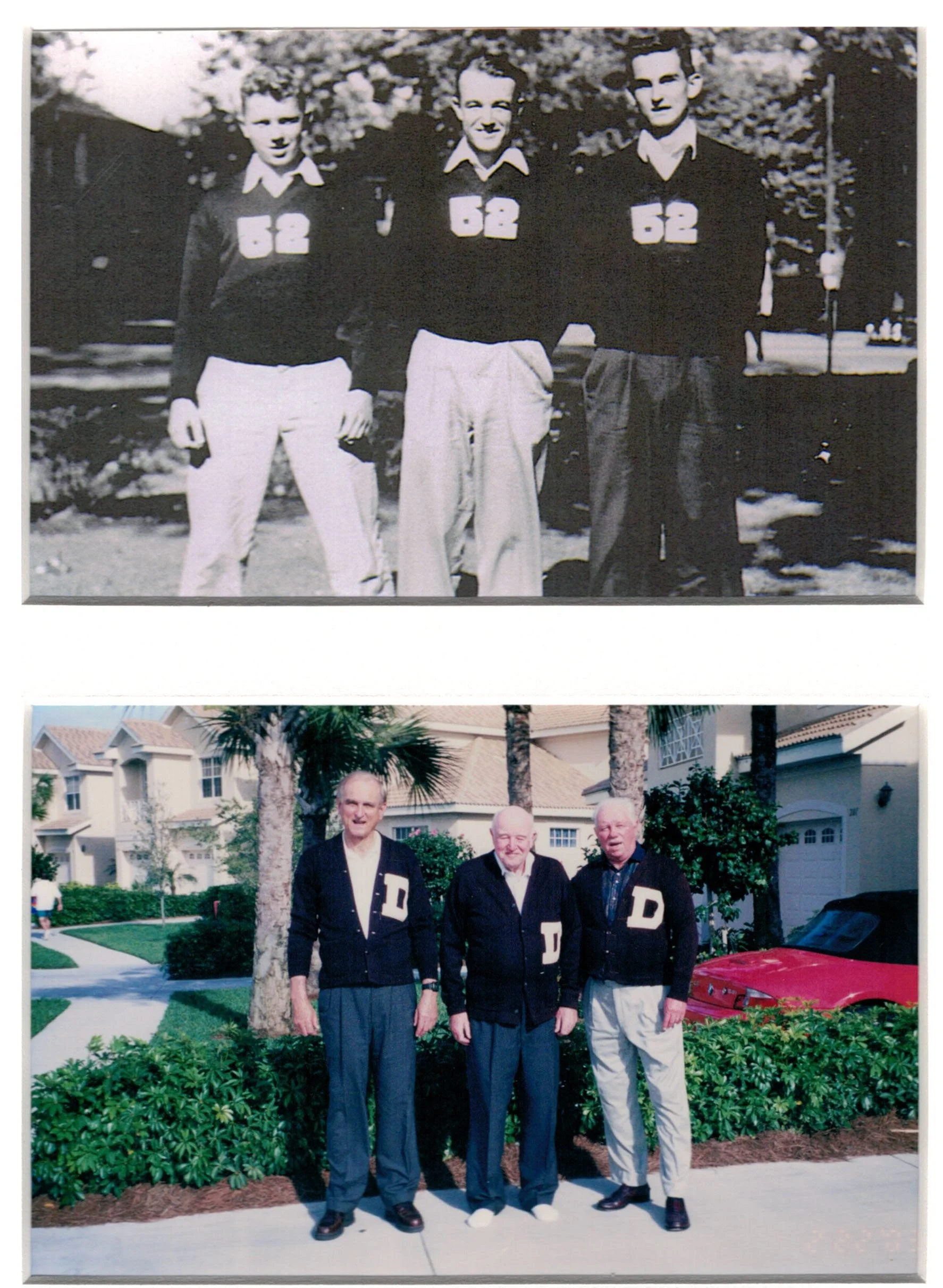 Top photo: Don Bren, Zeke Ellis and Irvin Harlamert pose in their athletic sweaters with their graduation year, 1952. Bottom photo: Harlamert, Zeke and Don. --- photo courtesy of Harlamert
