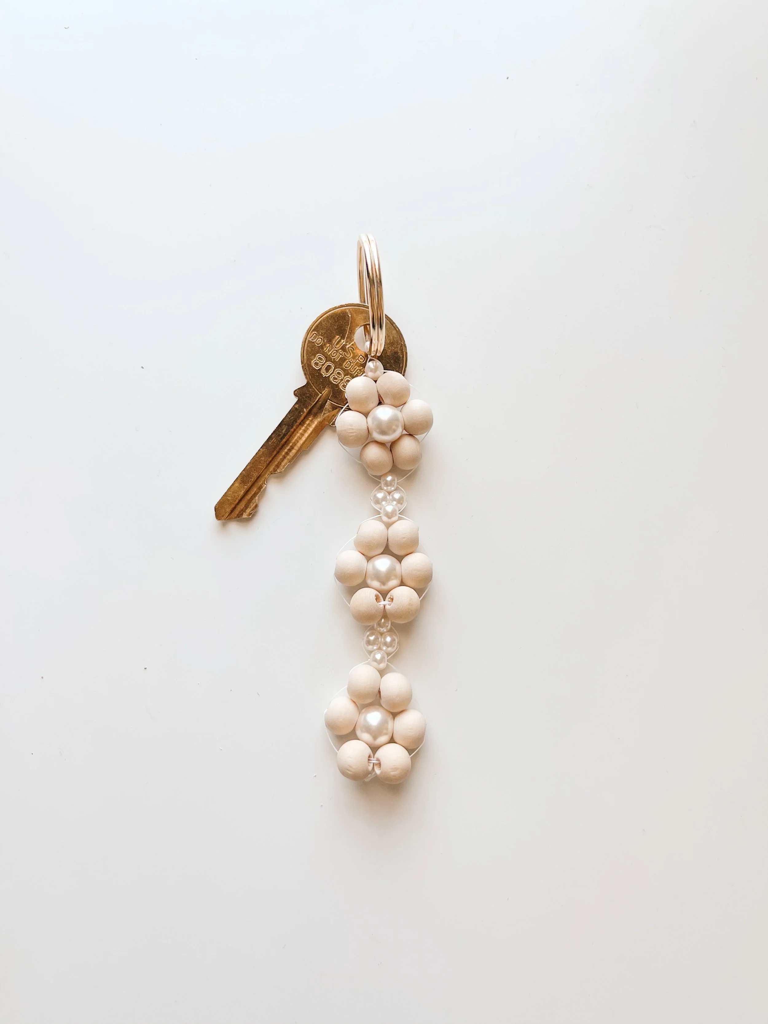 Grown Up DIY Bead Weaving Keychain: Wood &amp; Pearl Floral