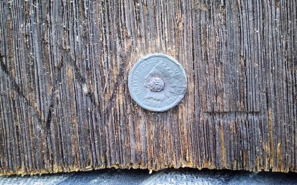 Antique Indian Head penny nailed on barn wood.