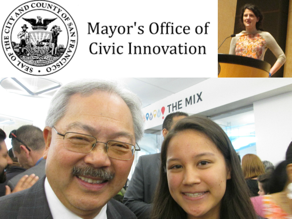 San Francisco Mayor Lee, TTSF GLOBAL Mentor Emilie Robert Wong, and Krista Canellakis from the Mayor's Office of Civic Innovation at the TTSF Civic Hackathon @ The Mix at SFPL
