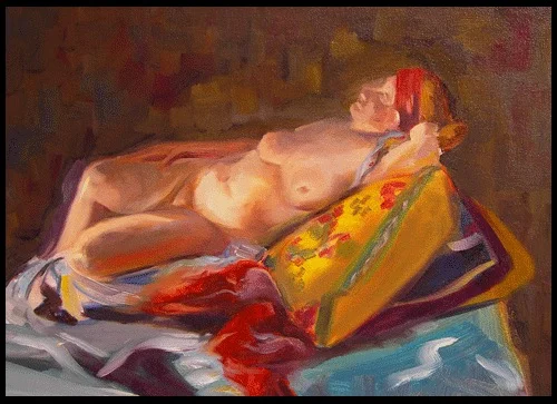 Studio Model on Pillows 16x20 oil on canvas