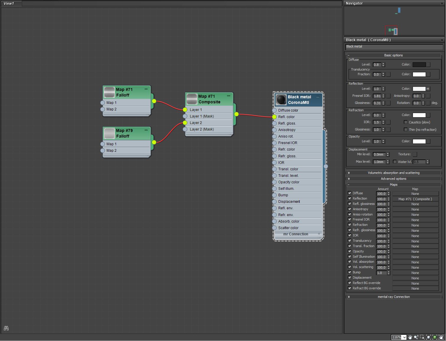 Black metal material setup with corona. "3D architect"