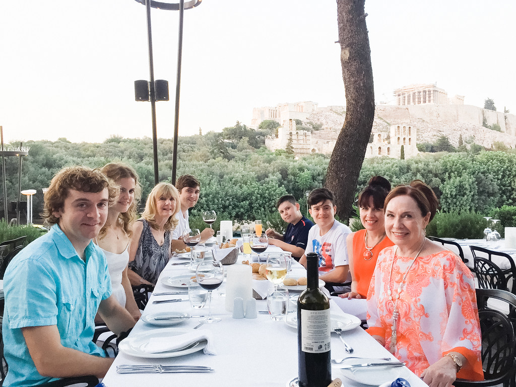 Dinner with a view at Dionysos by the Acropolis restaurant. Clockwise from left: Tom; me; Julie; Tom's brother, Brian; Patrice's boys, Dino and Johnny; Patrice; and Pat.