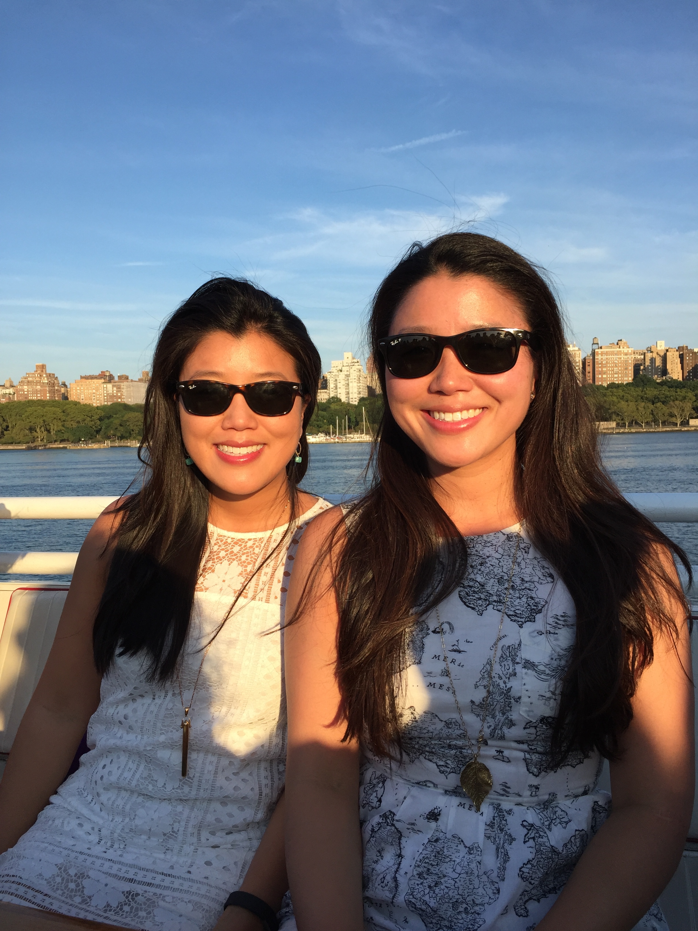 Mary (left) with her twin sister, Elizabeth, last month on a North River Lobster Company boat ride in NYC.