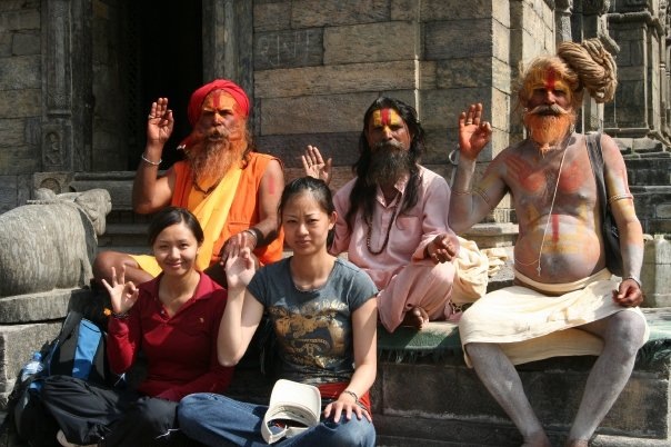 Carolyn (right) with her friend Lei at a temple in Nepal in October 2006.