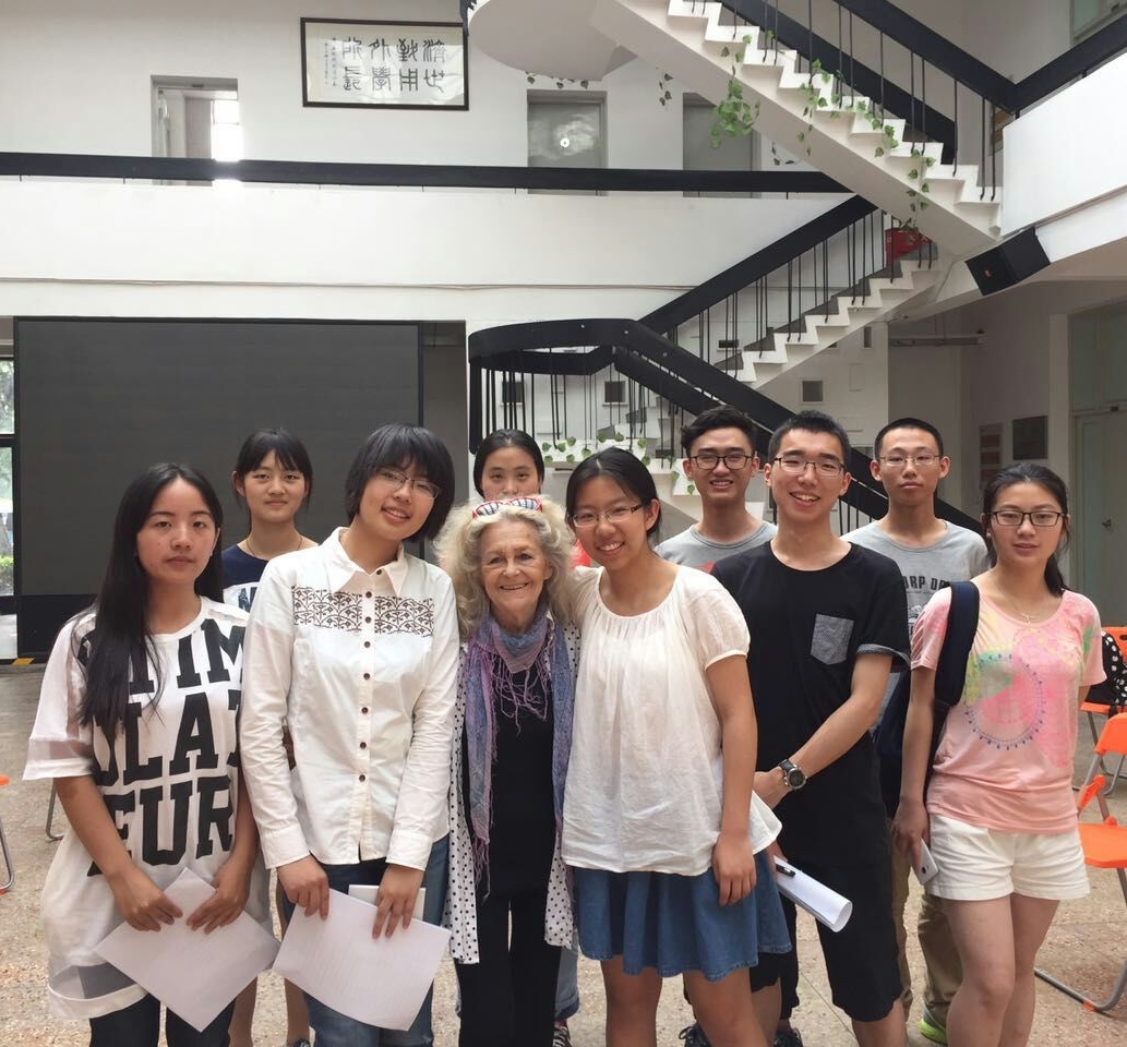Anna and her students at a drama rehearsal at Tongji University in Shanghai, 2015.