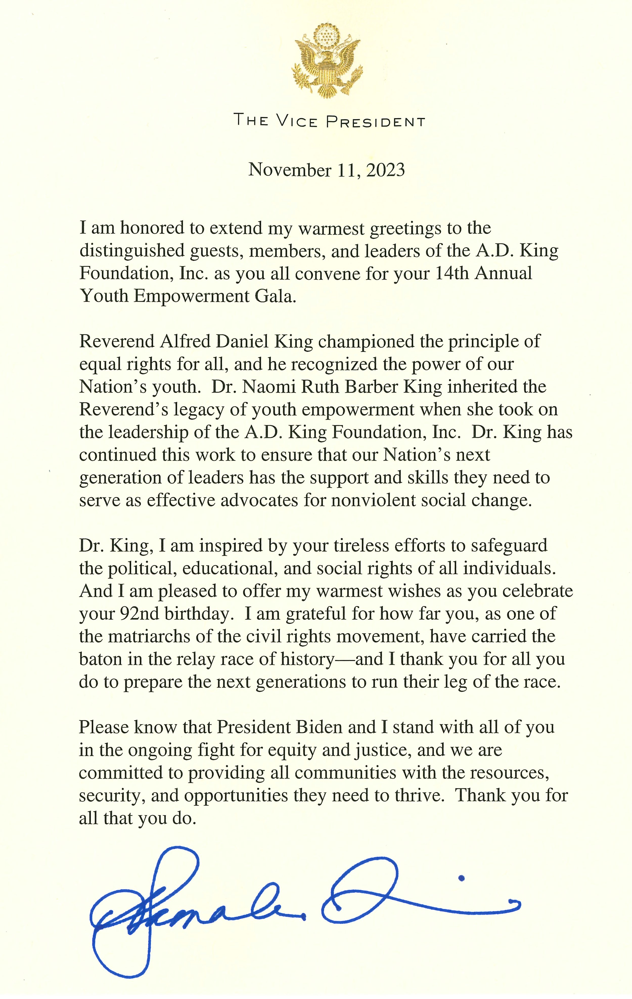 Letter from Vice President Kamala Harris for the A.D. King Foundation, Inc.jpg