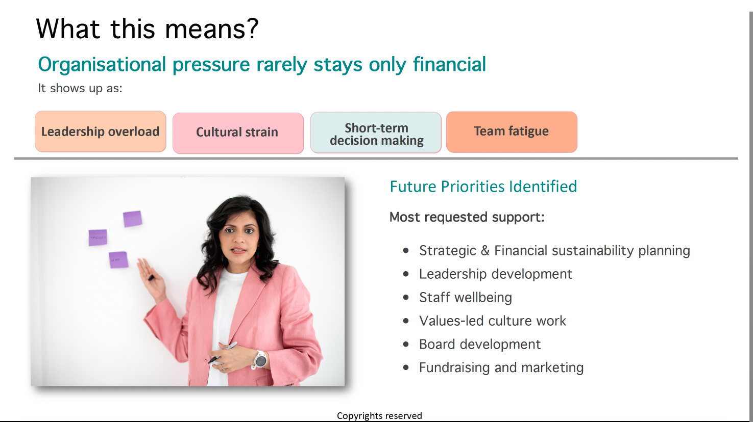 Image of Minoti pointing her hand to a few post-it notes while delivering a training as well as text that includes details of future priorities identified