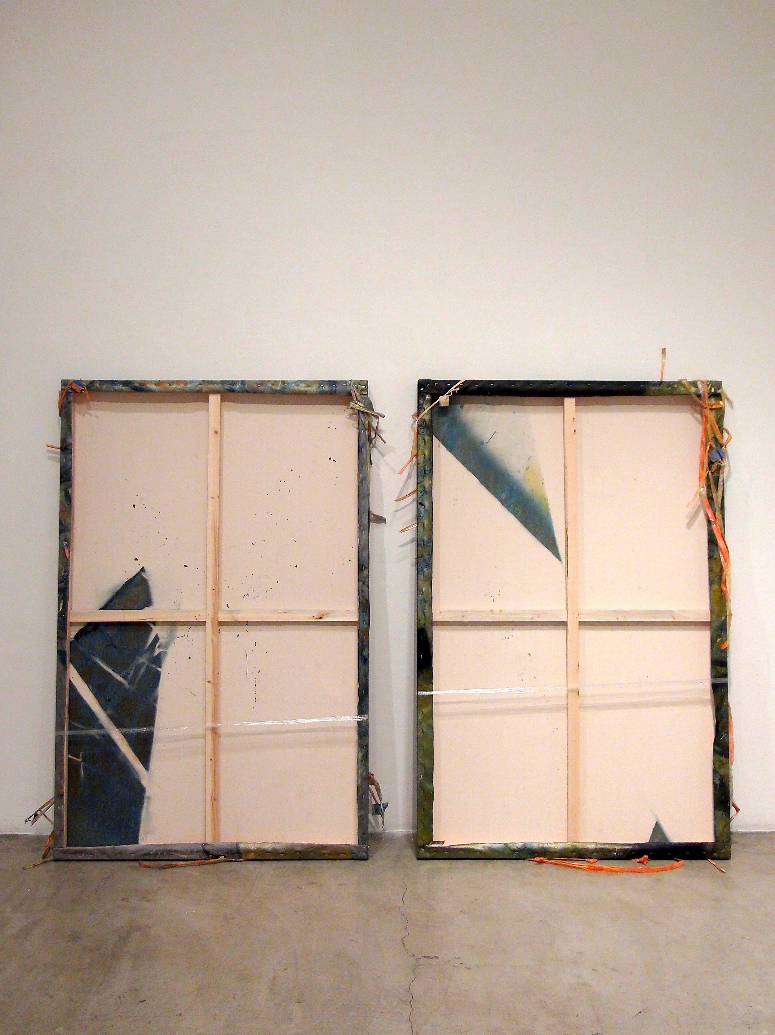 IAIN MUIRHEAD 1611-1612 , 2016. Airborne pigment, acrylic binder, 10oz cotton duck canvas, gesso, linear low density polyethylene (LLDPE), nylon monofilament, melamine, milled pine, 3mm staples, 16 gauge pneumatic nails. Diptych 65 x 41 inches each, 7 inches apart, wall leaning and away 10 inches at floor.
