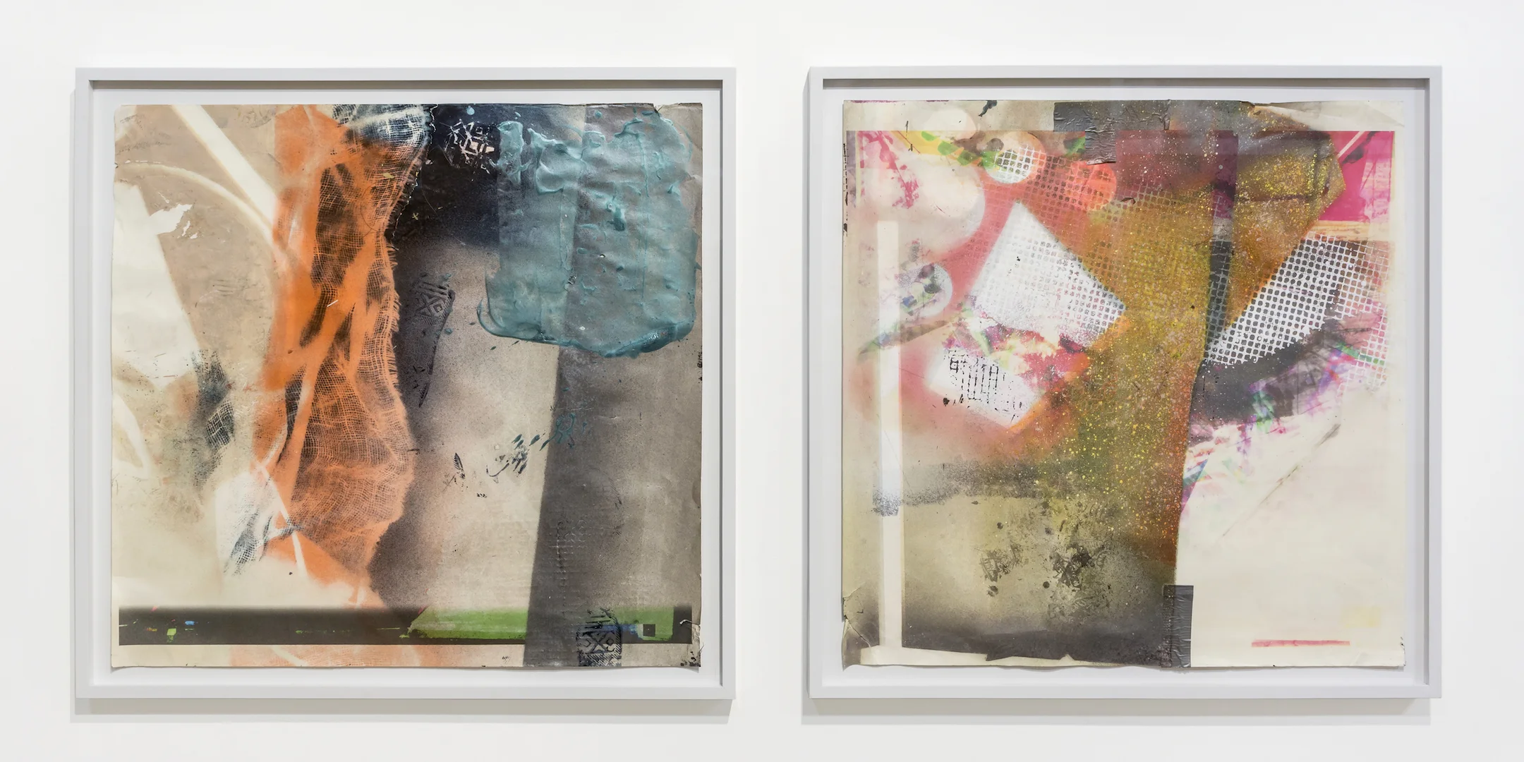 IAIN MUIRHEAD 1617 and 1615 , 2015-2016. Airborne pigment, acrylic binder, ultraviolet ink, smooth bristol paper, duct tape, nylon monofilament. Paper: 36 x 36 inches each. Frame: 40 x 40 inches each.