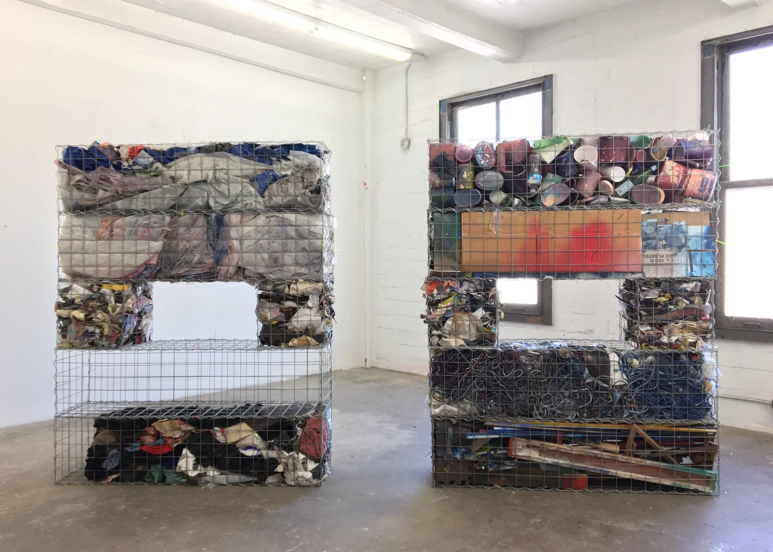IAIN MUIRHEAD 1726:1737 , 2014-2017. Gabion baskets, zip ties, aggregate studio material. Diptych 76 x 60 x 16 inches each.