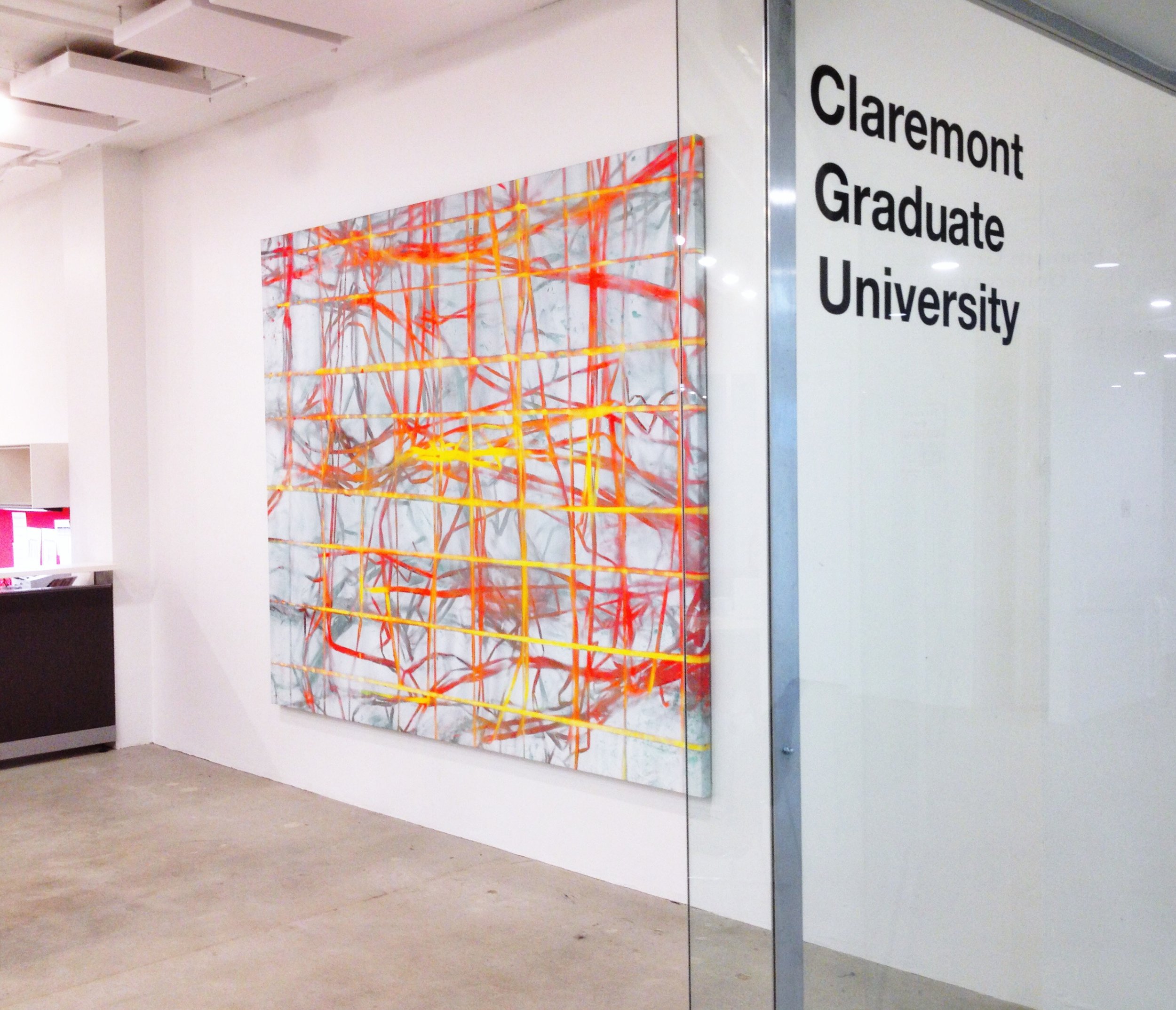  IAIN MUIRHEAD   1515  , 2015. Airborne pigment, acrylic binder, and white titanium gesso on canvas. 89 x 111 inches. Installation view Claremont Graduate University at The Reef, Los Angeles. 