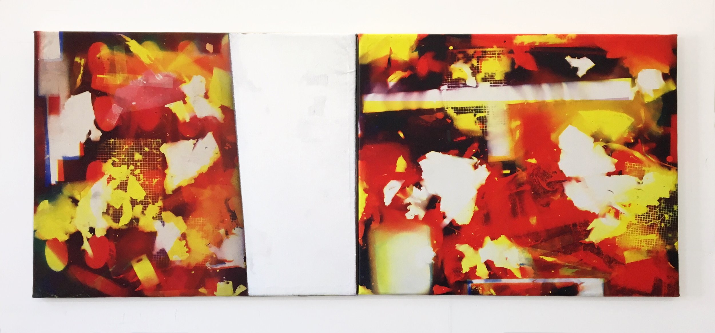  IAIN MUIRHEAD   1723 and 1724  , 2017. Airborne pigment and acrylic binder on canvas.&nbsp;Diptych 46 x 112 inches. 