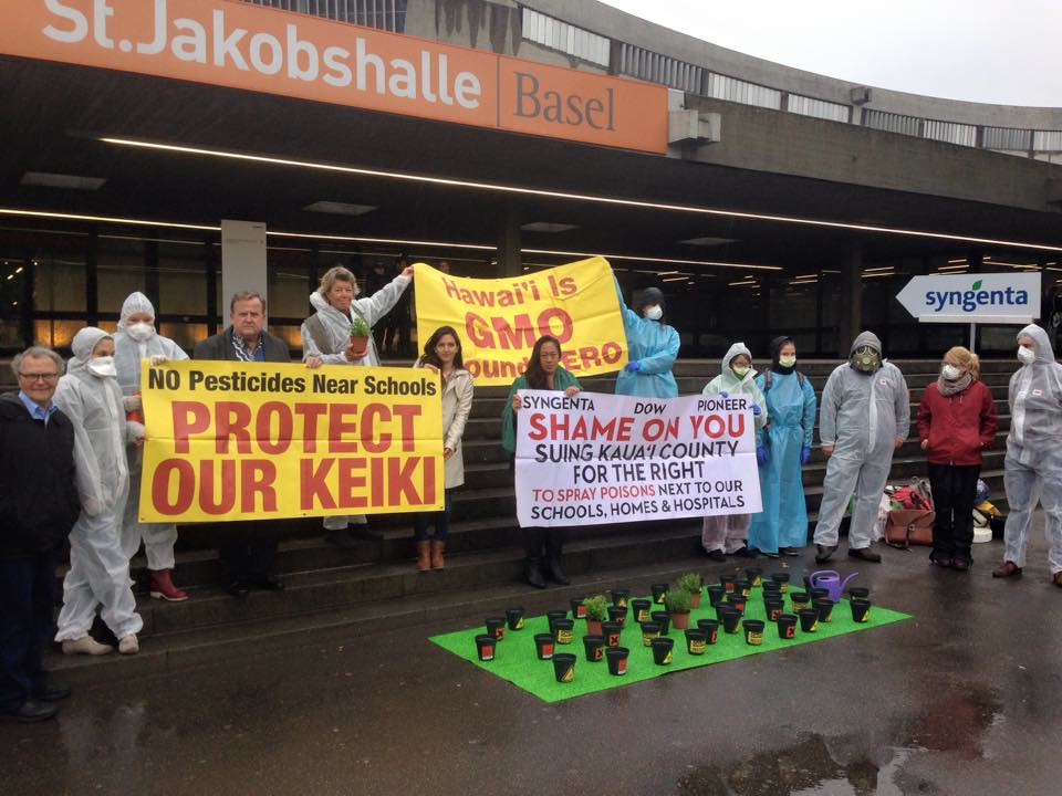 Swiss activists join Kaua`i residents outside the Syngenta Shareholders Meeting in Basel, Switzerland.
