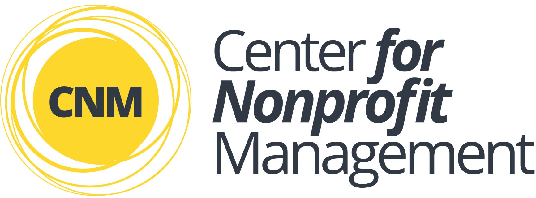 Logo for the Center for Nonprofit Management, featuring a yellow circle with black swirling lines and 'CNM' in black in the center, with the organization's name written to the right.