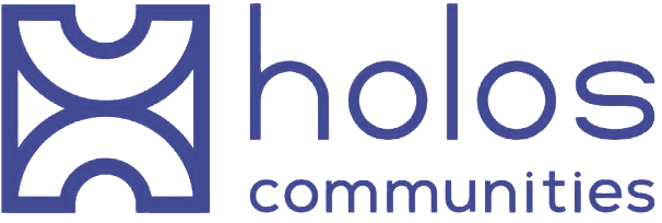 Holos Communities logo, featuring a stylized geometric symbol and the text 'holos communities'.