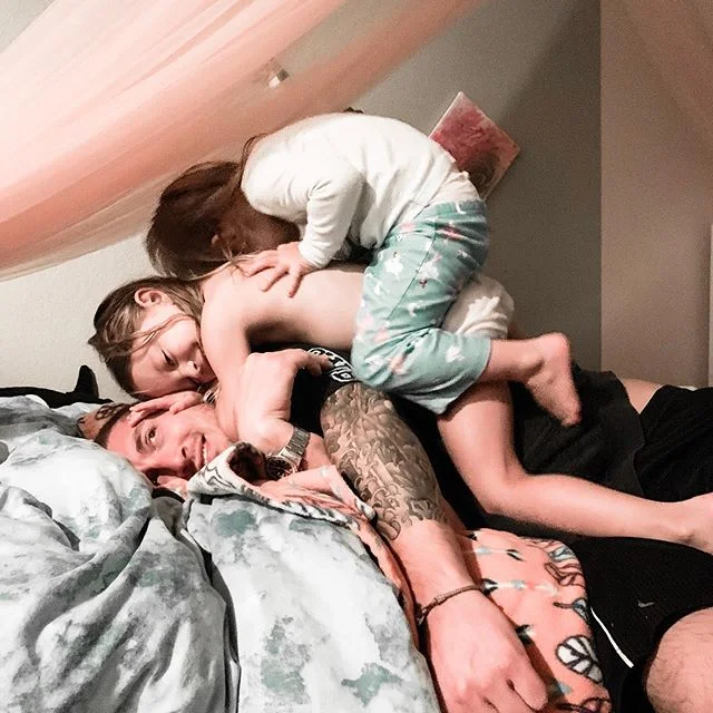 Human pyramid. They didn't miss their dad at all. Not one bit. 😂😍 #family #dadsanddaughters #weekendfun #fromwhereistand #momsbehindthecamera