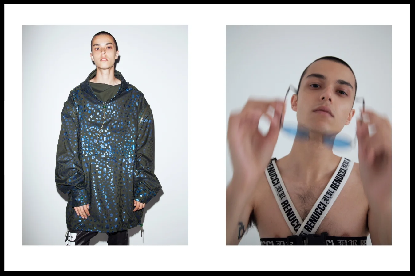 Left: Talia Jimenezz cagoule, Demian Renucci Track pant - Right: Chest Straps Demian renucci, Glasses stylists own