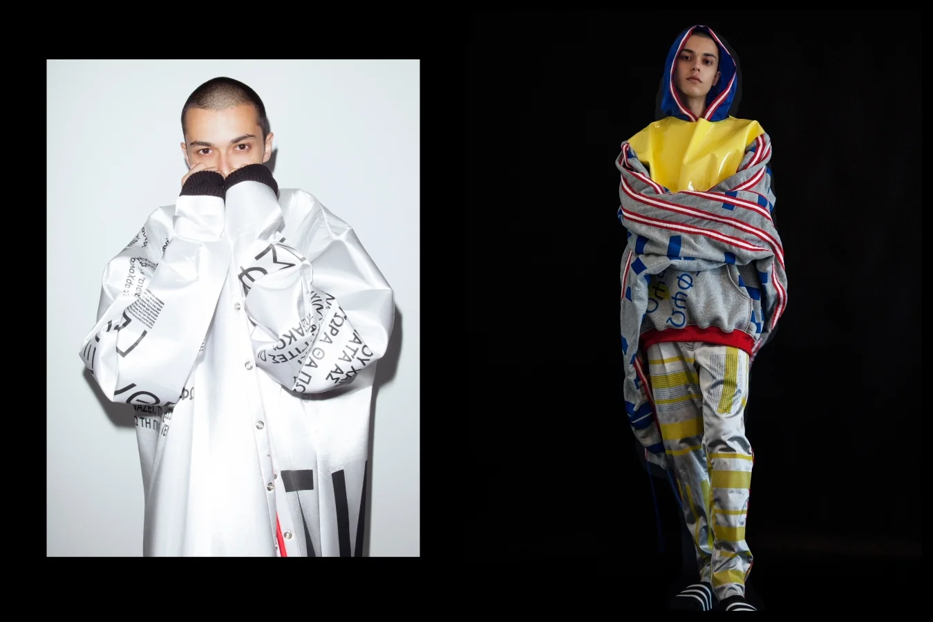 Left: Turtle neck and jacket Ysabel Cloherty, Tracksuit pants Demian renucci - Right: Full tracksuit Ysabel Cloherty, Adidas slides
