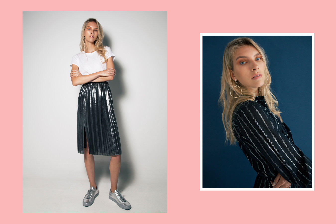 Left: Rag & Bone base tee, Isabel Marant Etoile Madlen silver skirt, Woman by Common Projects silver Achilles low sneaker - Right: Natasha Schweitzer Odette earrings, Isabel Marant Salome dress