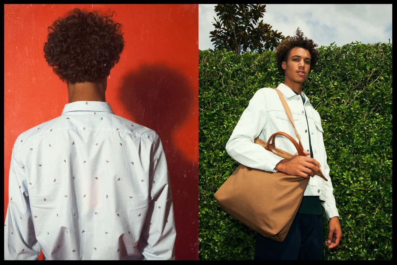 Left: Paul Smith shirt - Right: APC denim jacket, Want les Essentials tote bag, APC chinos, AMIjumper