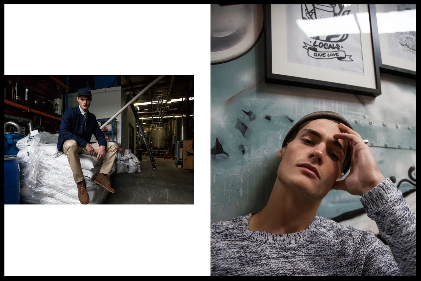 Left: APC jacket, Fillipa K shirt, Troy O'Shea hat, APC chinos, Clarks boots, Right: Saturdays knit jumper, stylist's own hat