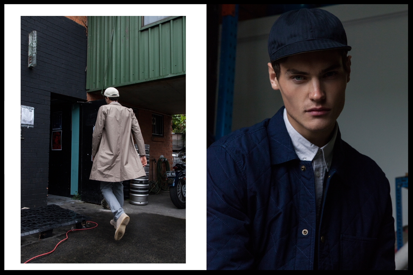 Left: Stutterheim mac, APC jeans, Clarks boots, stylist's own hat, Right: APC jacket, Fillipa K shirt, Troy O'Shea hat