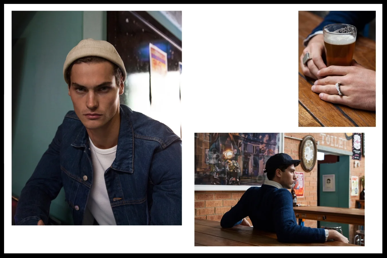 Left: Paul Smith denim jacket, Rag and Bone waffle top, Stylist's own hat, Right: Saturdays knit, APC Oxford shirt, Troy O'Shea hat, Blackdeville rings