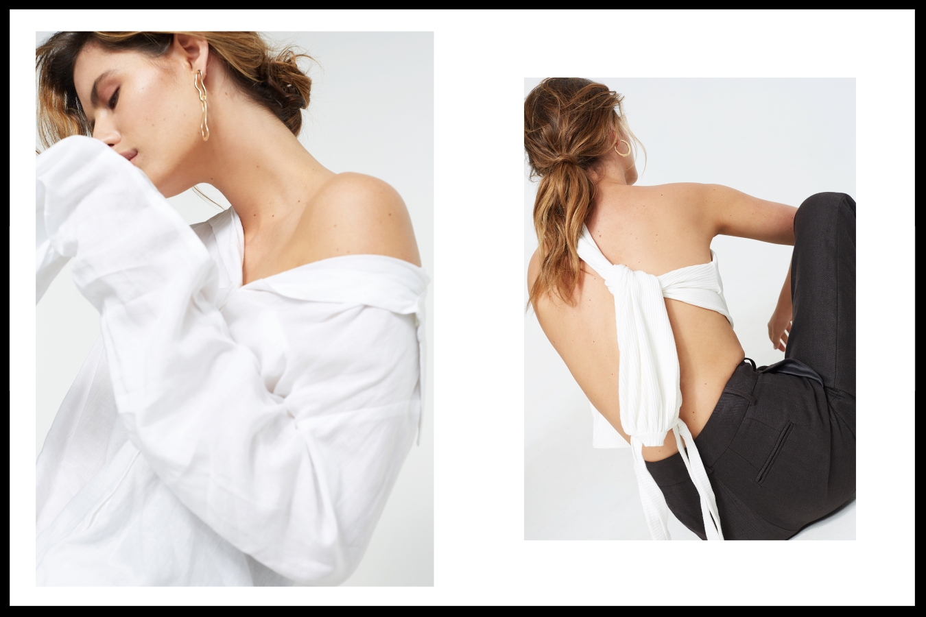 Left: Shirt by Kavilir, Earring by Louvisa - Right: Pants by Wynn Hamlyn, Top Stylists own, Earrings by Glassons