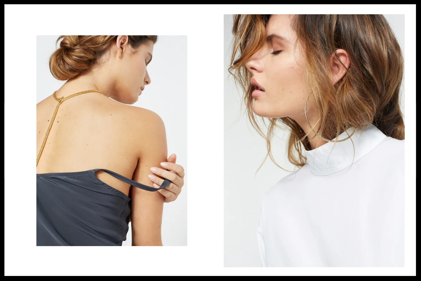 Left: Necklace by Eightly, Cami by Lonely - Right: Top by H&M, Earrings stylists own