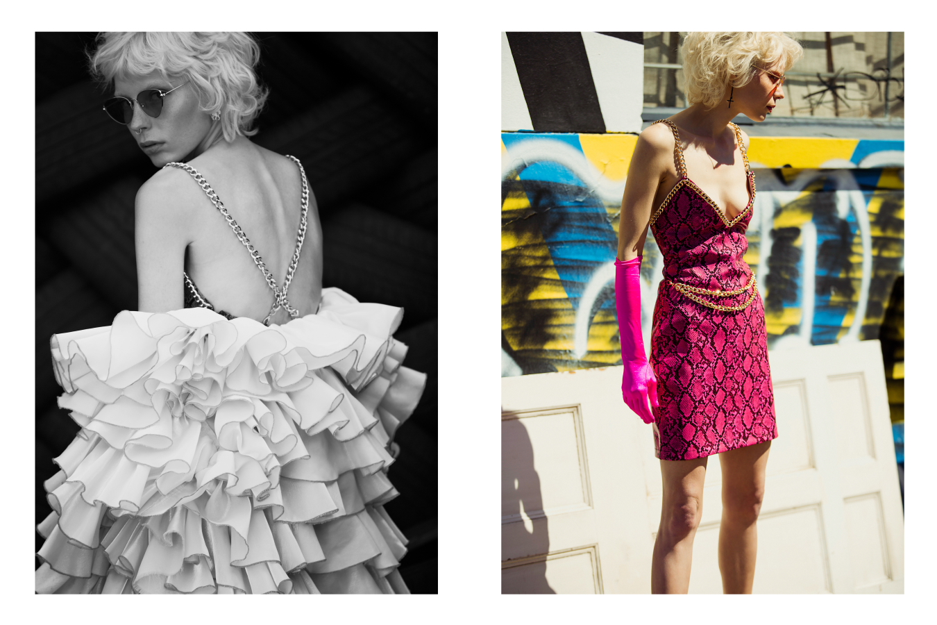 Left: Dress Laurel & Hector, Jacket Archive House of Pricilla, Courtesy of Brendan James Hay, Heels & glasses Vintage - Right: Boots Laurel & Hector, Skirt Laurel & Hector, Jacket Archive