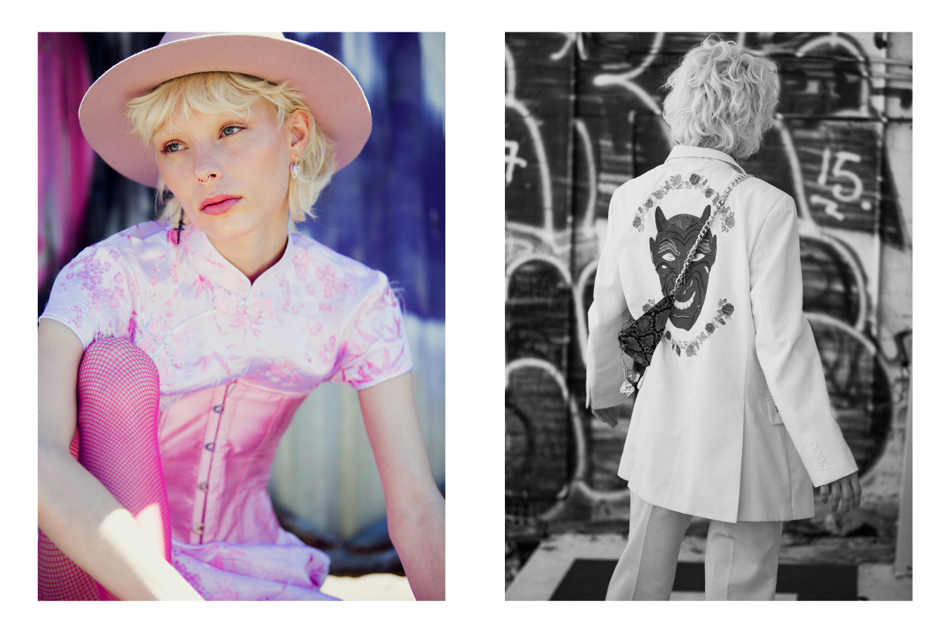 Left: Dress & Corset Vintage Courtesy of Brendan James Hay, Hat Heavy Lids, Shoes Vintage - Right: Suit Laurel & Hector, Bag Laurel & Hector, Shoes NIKE, Glasses Vintage