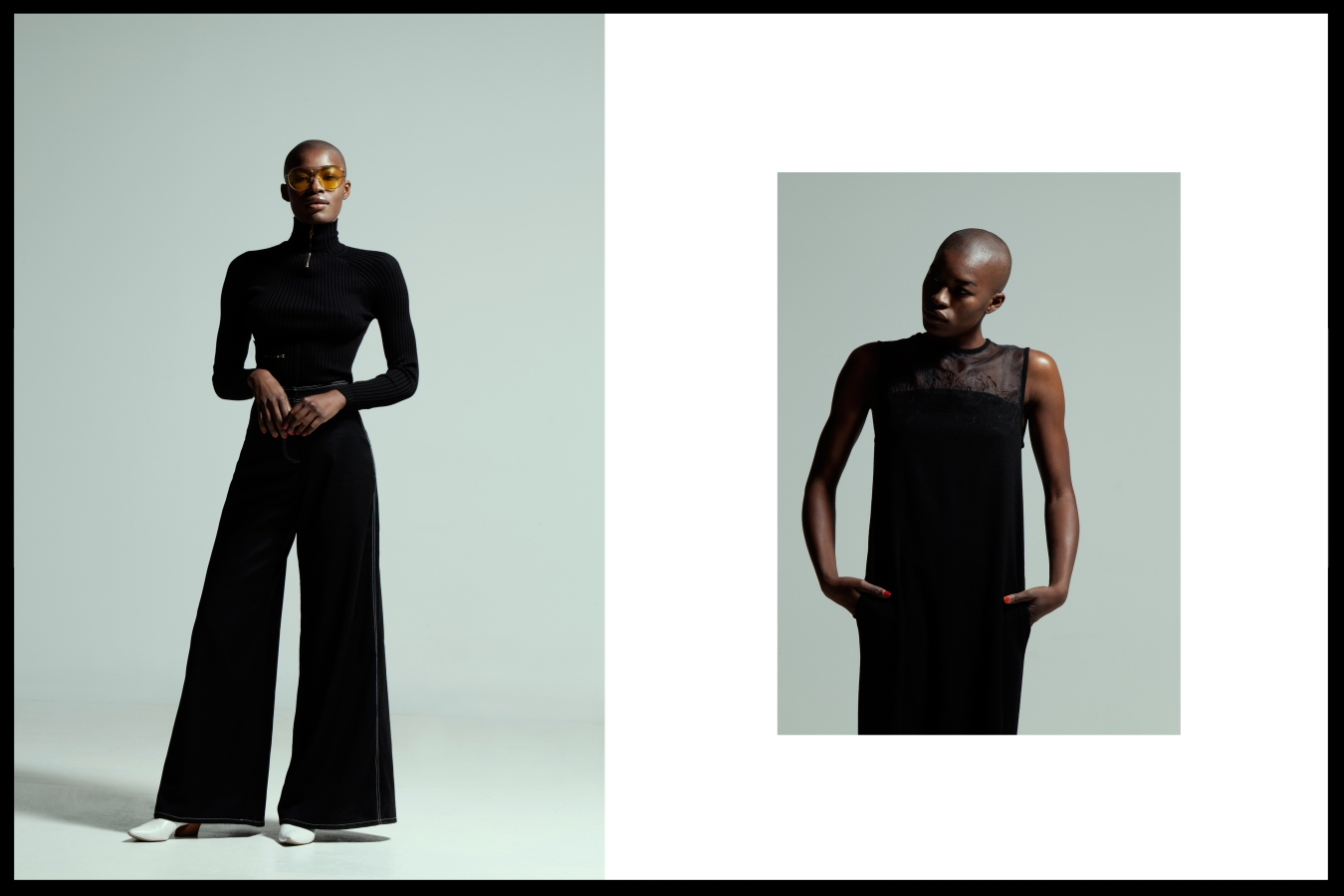 Left: Wynn Hamlynn Top, Anna Quan Pants, Gentle Monster Sunglasses, Zara Shoes - Right: