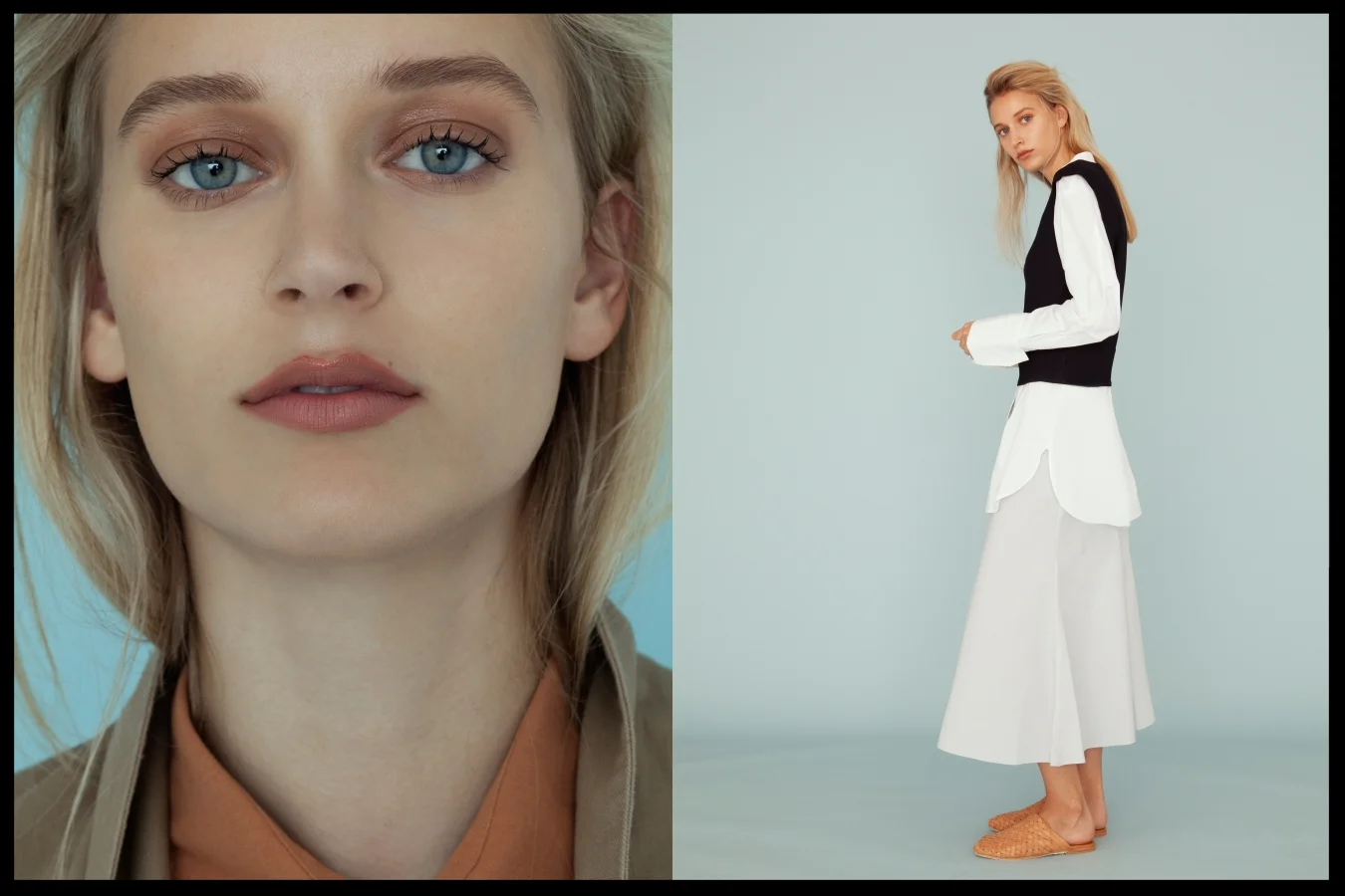 Left: Bassike coat & pants, Dress Up shirt - Right: Bassike cropped shell top, Bassike shirt, Bassike skirt, St Agni Woven Loafers