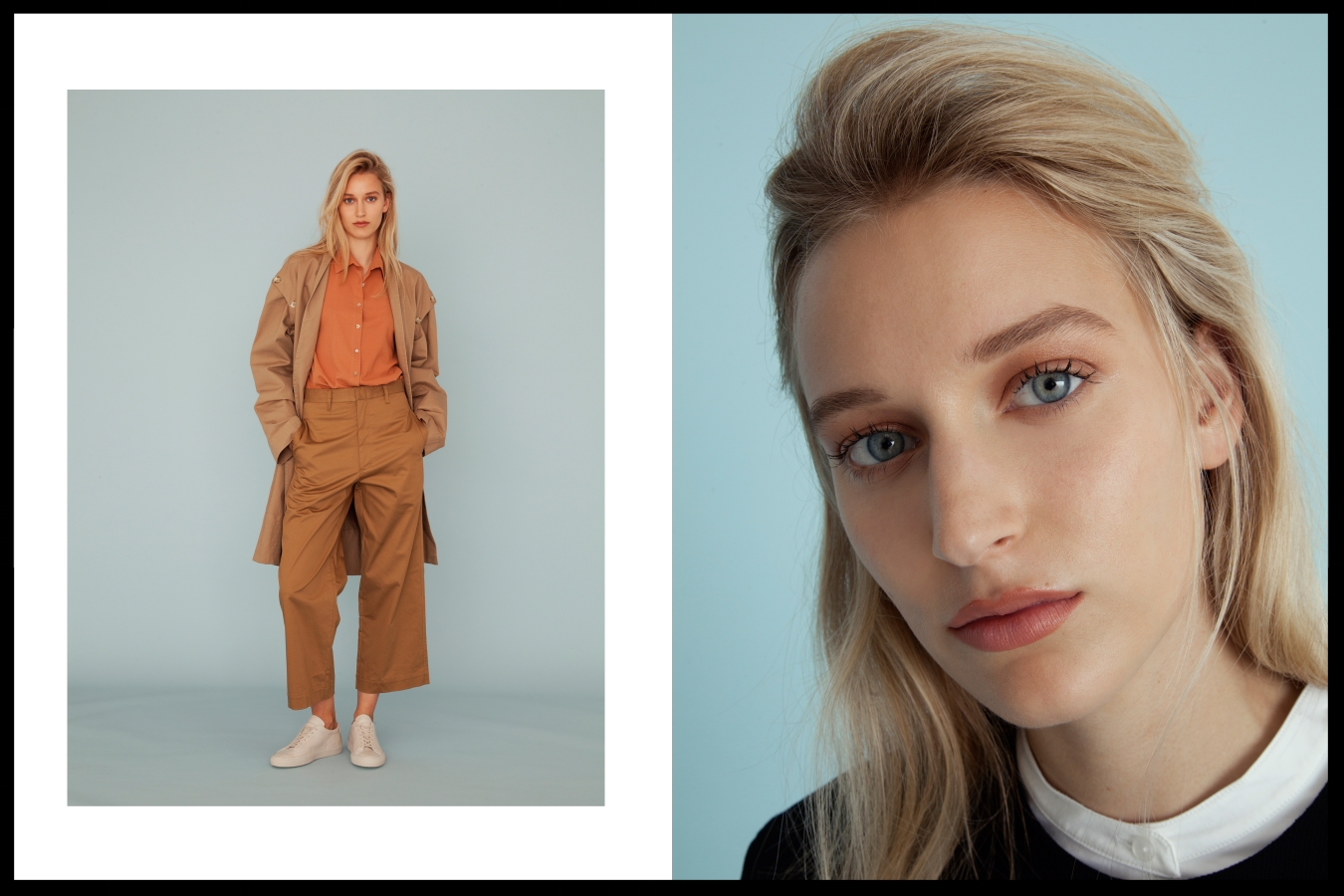 Left: Bassike coat & pants, Dress Up shirt, Common Projects sneakers - Right: Bassike cropped shell top, Bassike shirt