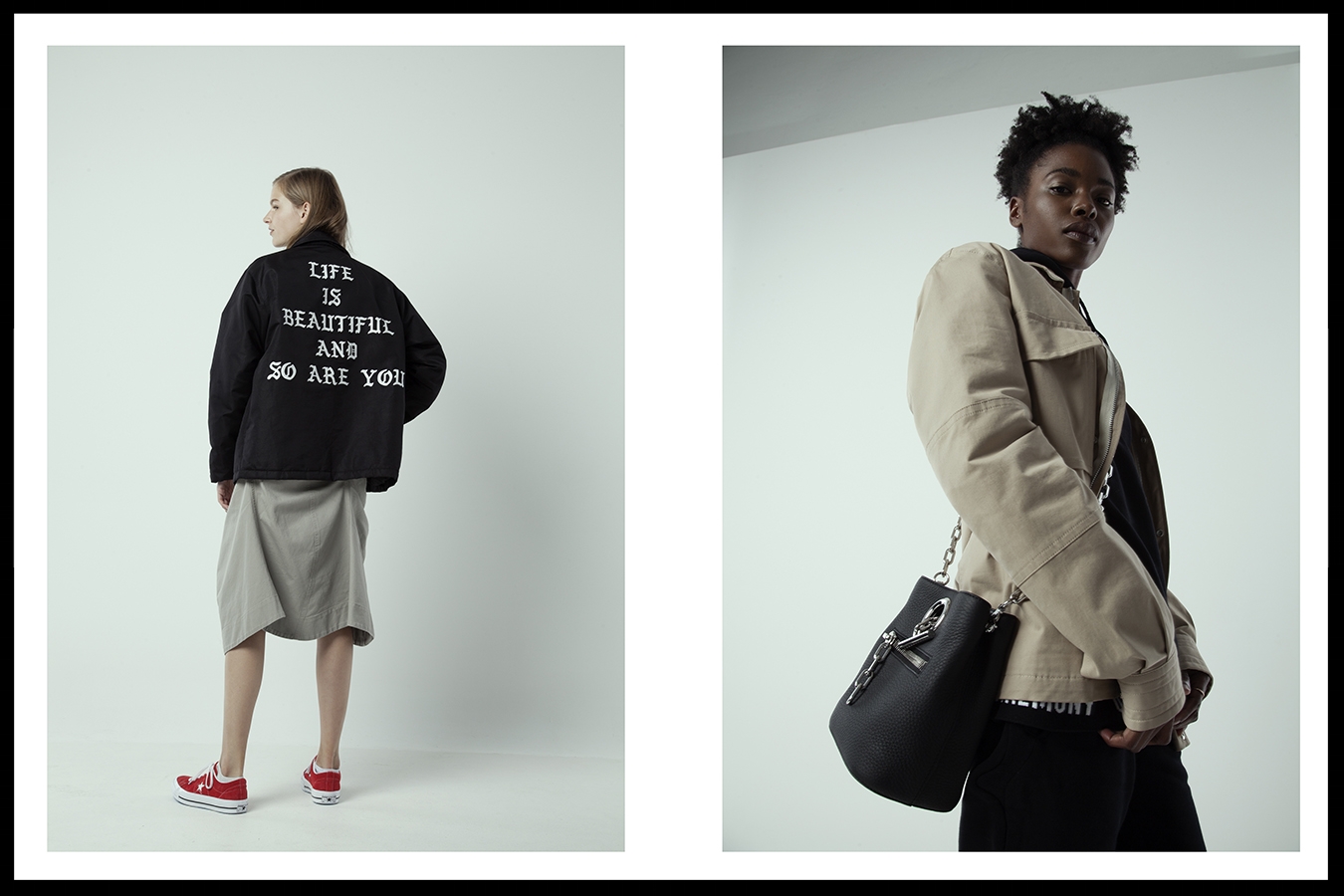 1. Dane Wang jacket, Bassike skirt, Converse low top sneakers, 2. Opening ceremony hoodie, Opening ceremony track pants, Paul Smith jacket, Alexander Wang bag