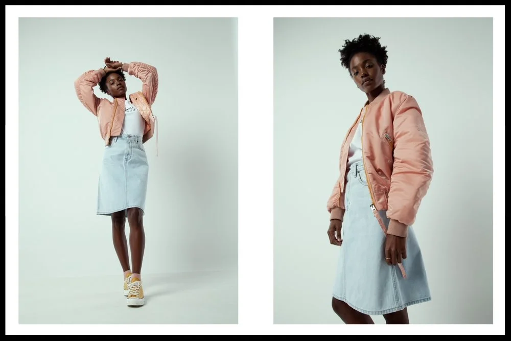 Acne jacket, Acne skirt, Miyuki tee, Coverse low top sneakers