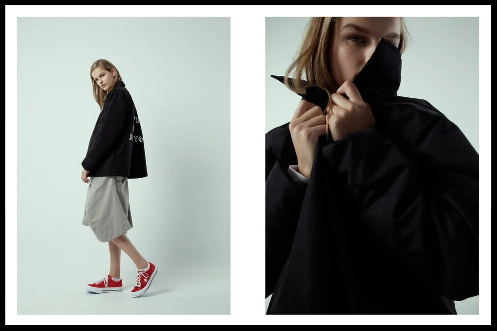 Dane Wang jacket, Bassike skirt, Converse suede low top sneakers