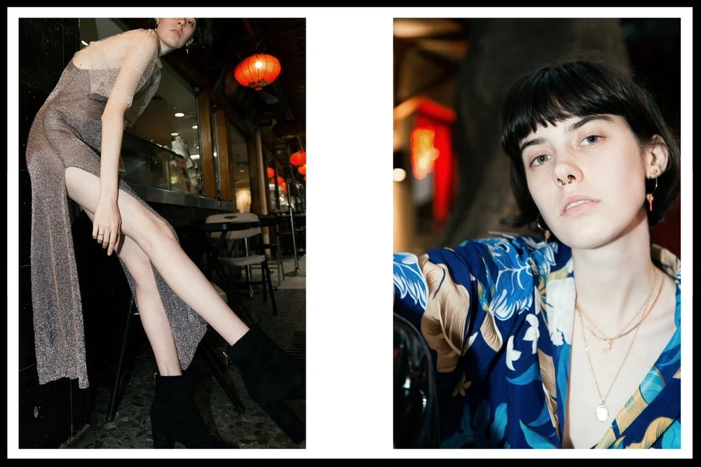 Left: Top by Manning Cartel, Dress by Twiin, Earrings by Pastiche - Right: Shirt (vintage), Pants by I am Gia, Boots by missguided, Earrings by Pastiche