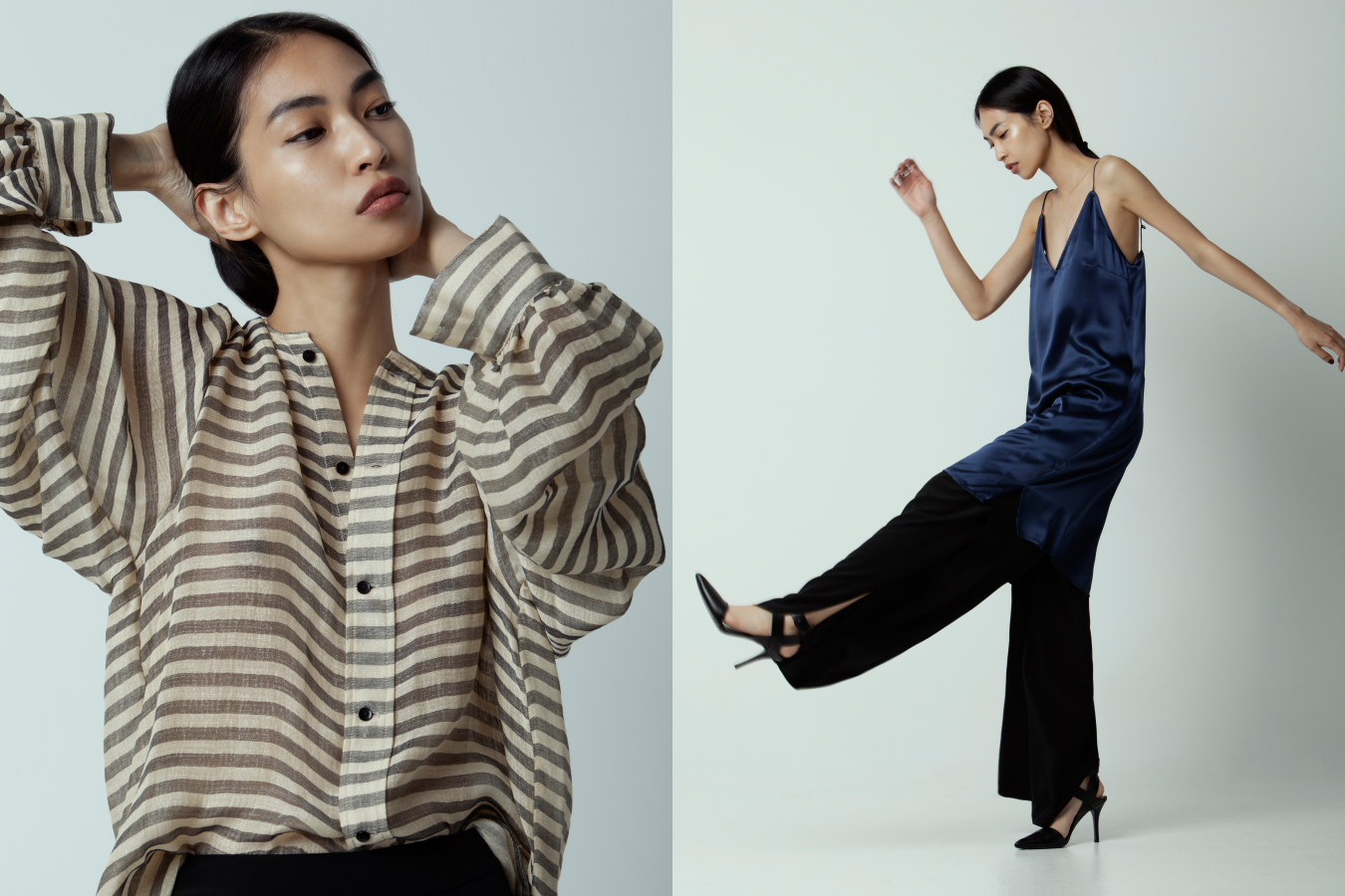 Left: Bassike blouse, Bassike pants - Right: Matin Silk slip, Totême pants, Alexander Wang heels