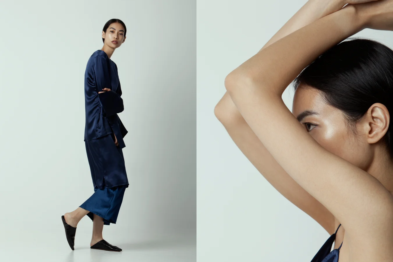 Left: Matin Silk top, T by Alexander Wang skirt - Right: Matin slip dress