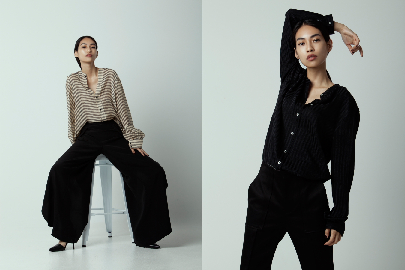Left: Bassike blouse, Bassike pants - Right: Equipment shirt, Bassike pants