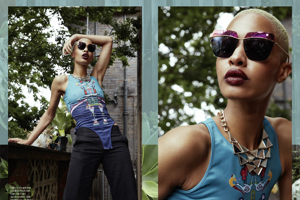 Mary Katrantzou x Adidas bodysuit,, Marc by Marc Jacobs pants,, Dior sunglasses