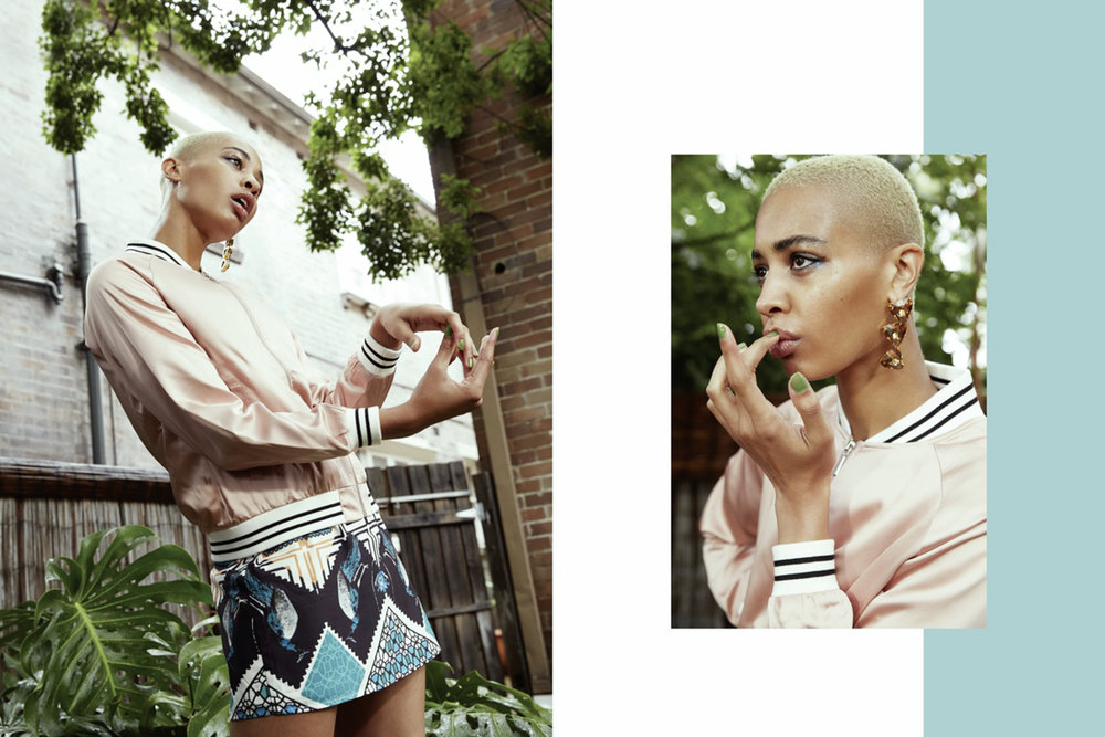 Huffer Bliss bomber, White Closet dress, JYJewels Angle earring