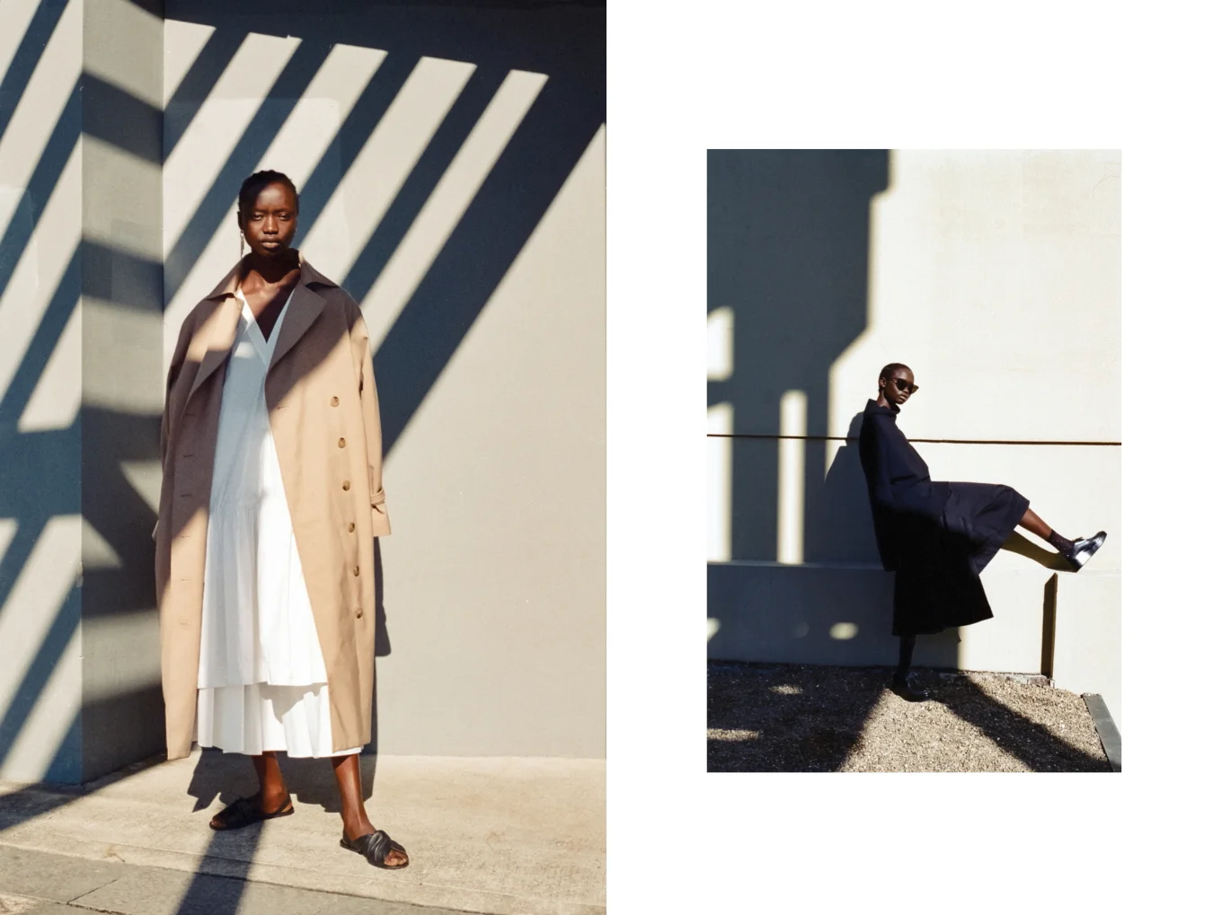 Left: Lee Mathews dress, Stylist’s own skirt, Toteme trench coat, Cos sandals, Stylist’s own earrings // Right: cos jumper, Jil Sander shoes, Bassike culottes, Le Specs sunglasses