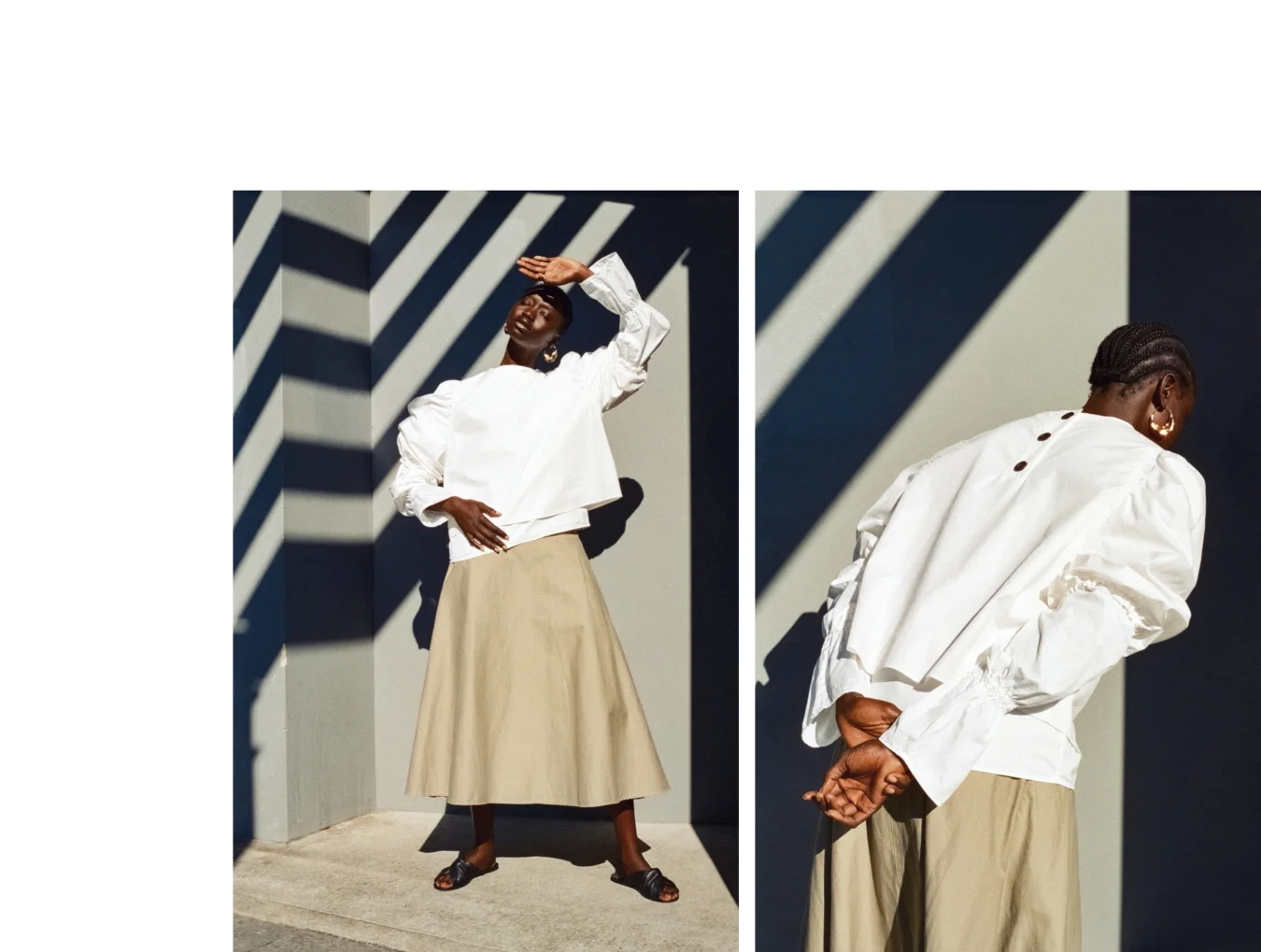 Toteme long sleeve top, Stylist’s own top, Stylist’s own skirt, Cos sandals, Stylist’s own earrings