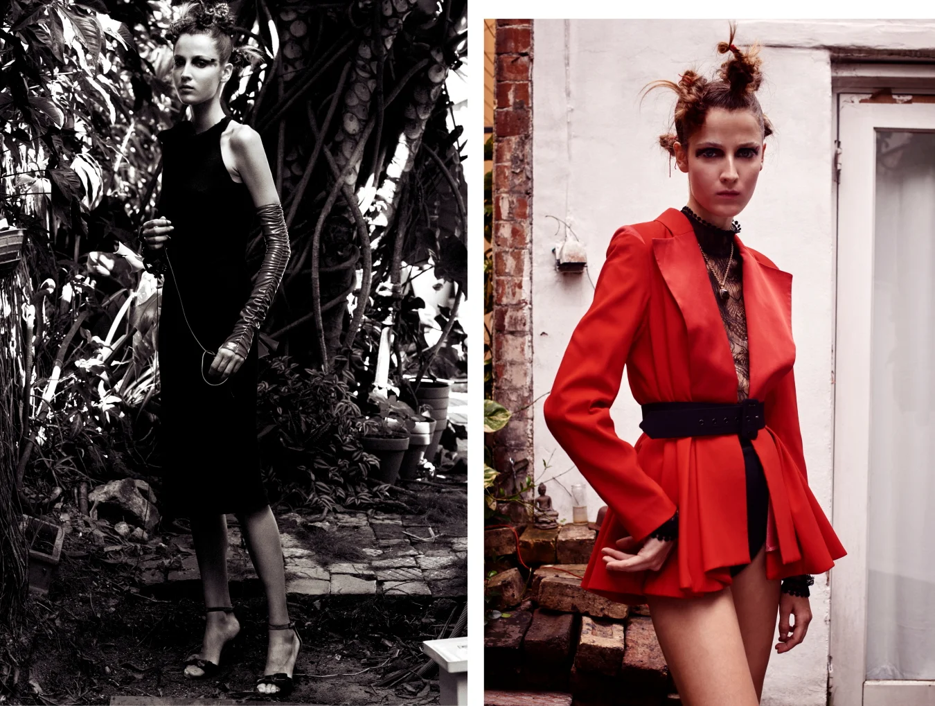 Left: Dress Maticevski, Rubber glove MD, Shoes Senso / Right: Jacket Trelise Cooper, Belt Asilio, Top Leo and Lin, Necklace Reliquia